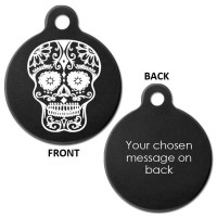 Black Engraved Mexican Skull Aluminium 31mm Large Round Pet Dog ID Tag